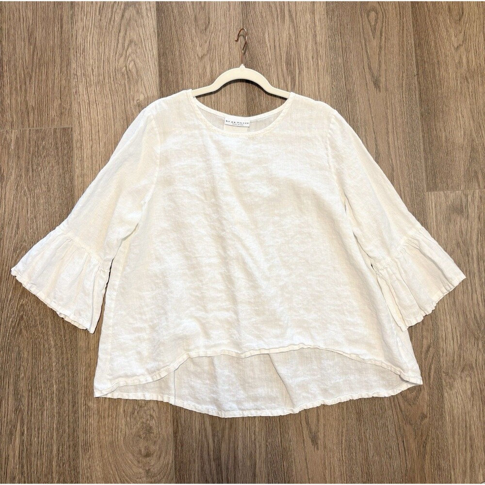 Bryn Walker Fran Linen Round Neck Ruffle Shirt White Sz M Relaxed Fit Boho Beach - Picture 2 of 9